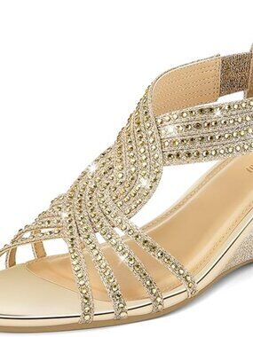 Women's Diana Low Wedge Sandals Sparkly Rhinestone Open Toe Fashion Dress Shoes